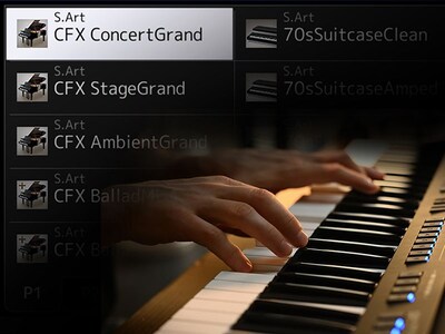 Collage of a screen capture of the Yamaha Arranger Workstation PSR-SX920/720 Voice list and a photo of a person's hand playing a keyboard