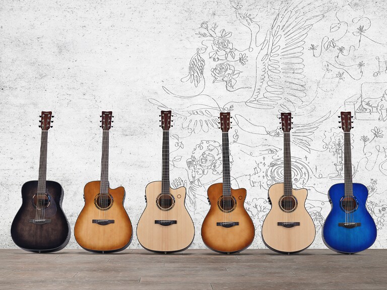 Full line-up of the TransAcoustic guitar second-generation shown together in a line-up.