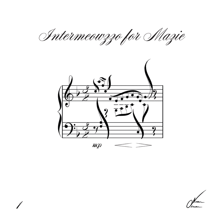 Sheet music titled 'Intermeowzzo for Mazie', featuring musical notes arranged in the shape of a cat.