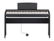 Front view of the P-125aB (black model) in combination with the optional stand and sustain pedal