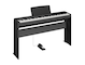 Diagonal side view of the P-143B (black model) in combination with the optional stand and metal sustain pedal