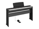 Diagonal side view of the P-223B (black model) in combination with the optional stand and metal sustain pedal