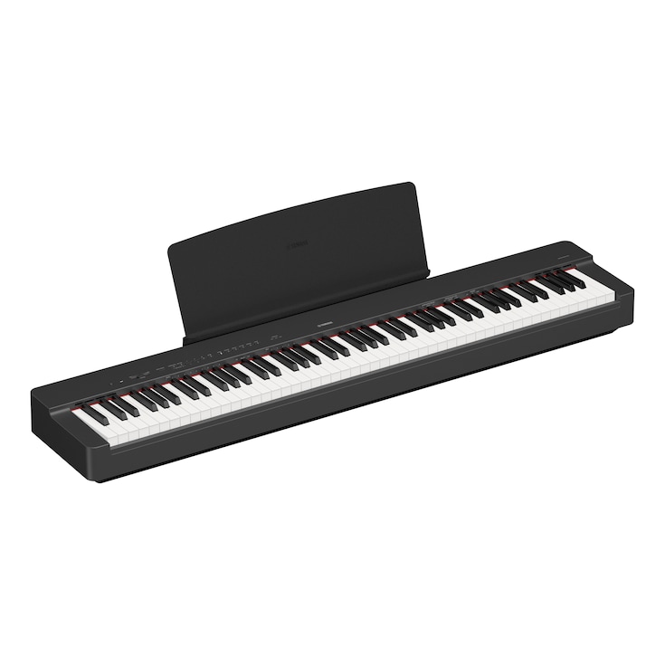 Diagonal side view of the P-225B (black model) with music rest