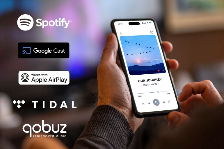 Logos of Spotify, Google Cast, Apple Airplay, TIDAL, qobuz and a man using a smartphone for music playback.