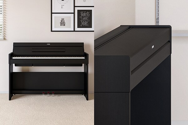 An ARIUS piano blending in with the living room interior, and an ARIUS piano with a flatter, more compact design with its lid closed