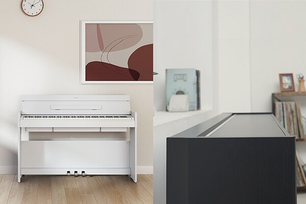 An ARIUS piano blending in with the living room interior, and an ARIUS piano with a flatter, more compact design with its lid closed