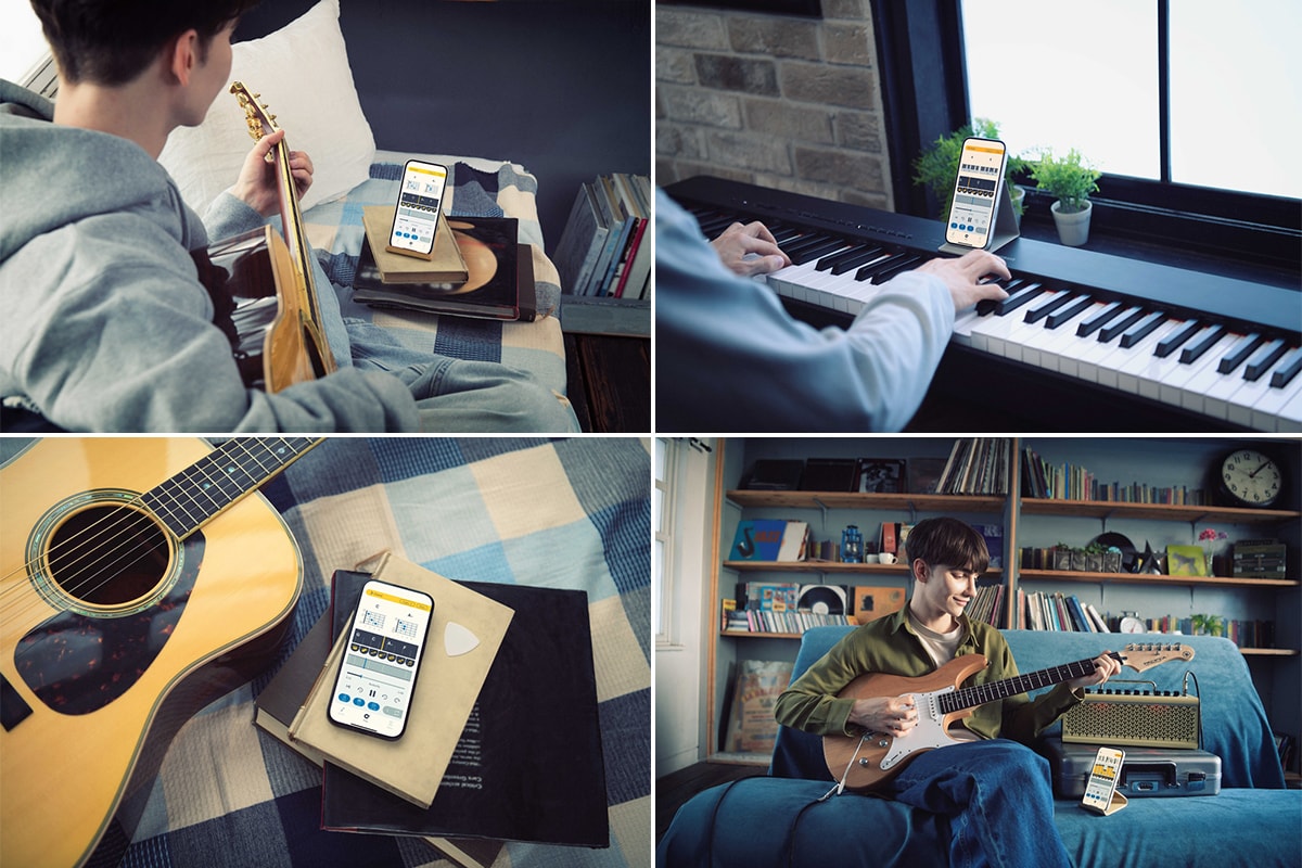 Relaxing at home while using Extrack with instruments such as a guitar or piano in a variety of different scenarios