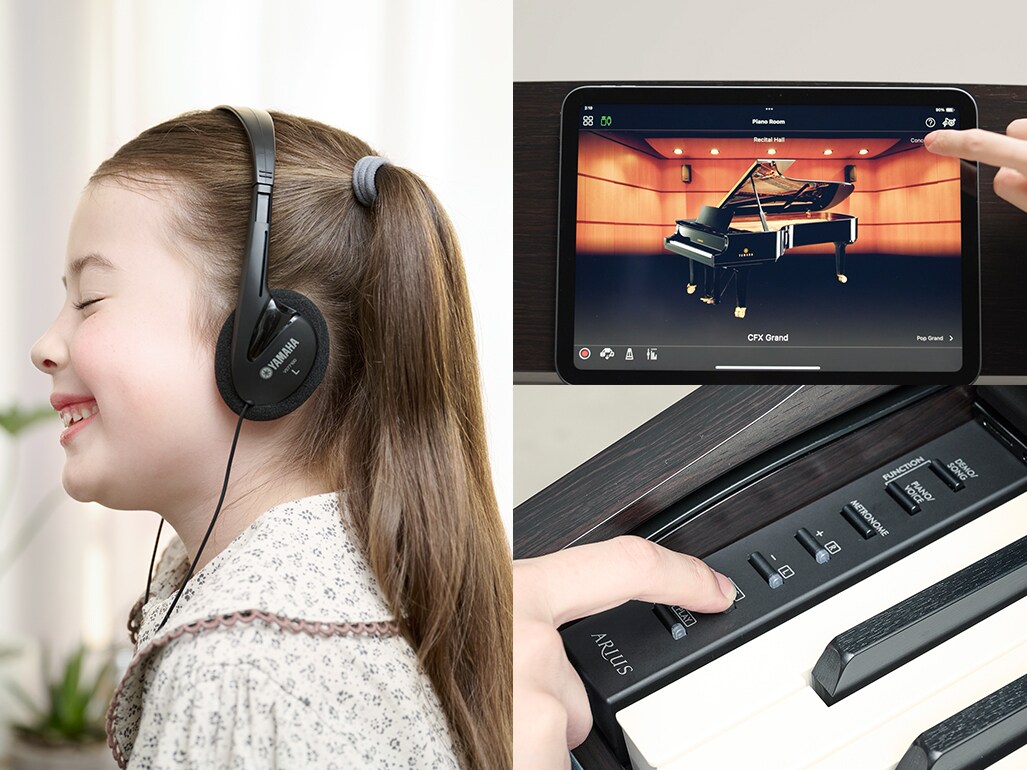 Practising on the digital piano with headphones, viewing the screen of the Smart Pianist app, and recording using the piano’s built-in controls.