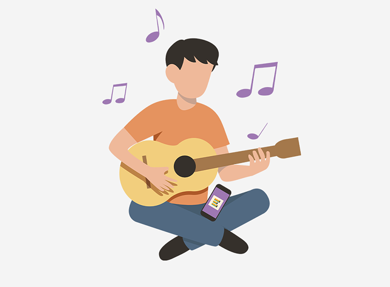 A man using the Extrack music practice app to practice with chord charts