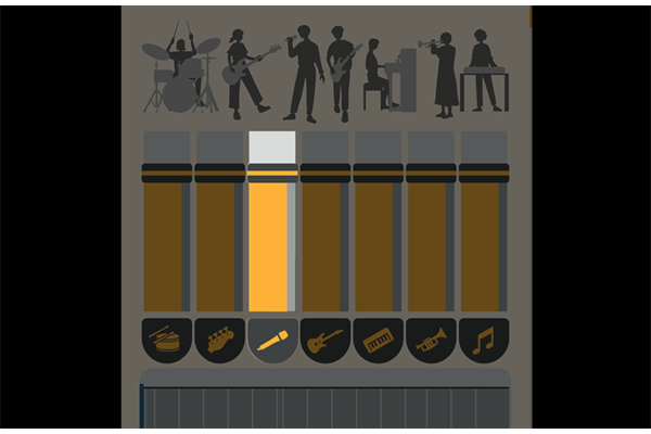 A screen capture of an audio source separated into different parts, such as guitars, vocals, drums, bass, pianos and wind instruments.