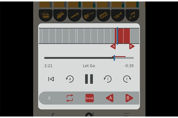 A screen captures of settings such as repeat playback, tempo adjustment and key changes